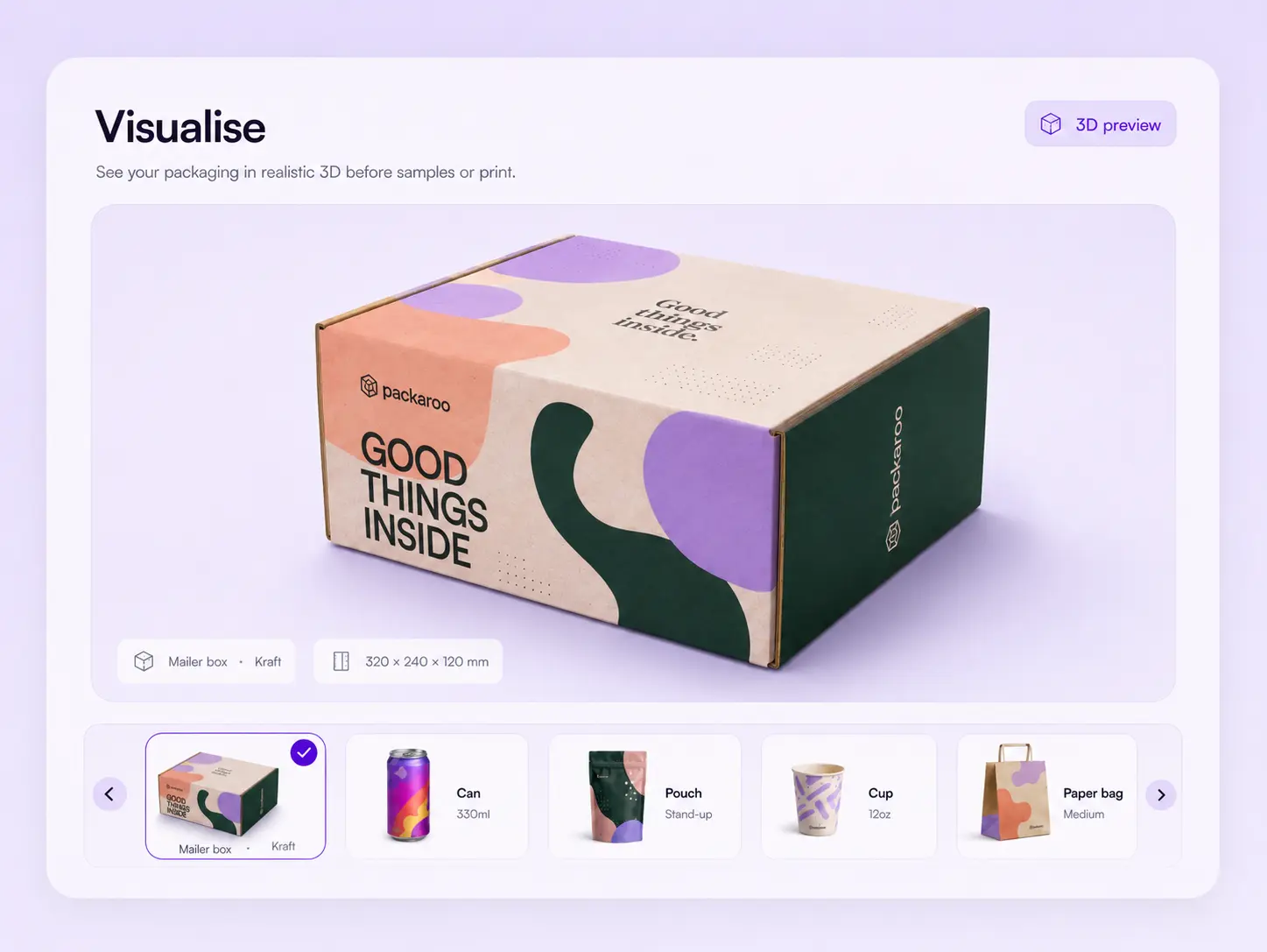 Packaroo 3D preview interface showing a realistic packaging visualisation with selectable packaging types