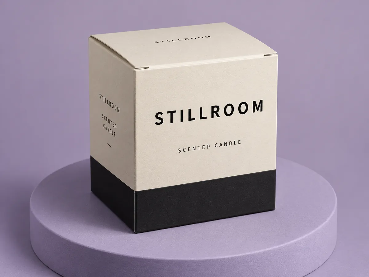 Crash lock bottom carton for a scented candle, cream and black.