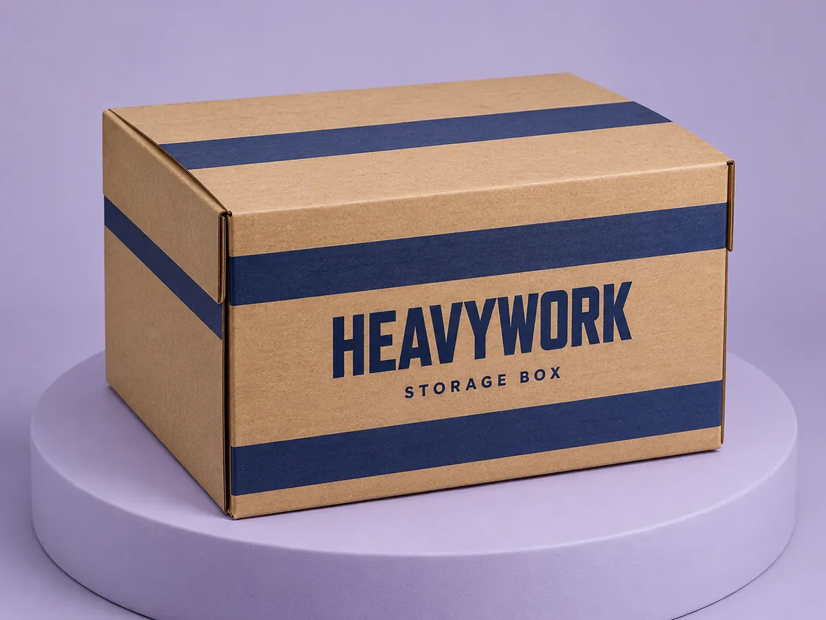 Kraft full overlap box with navy printed bands.