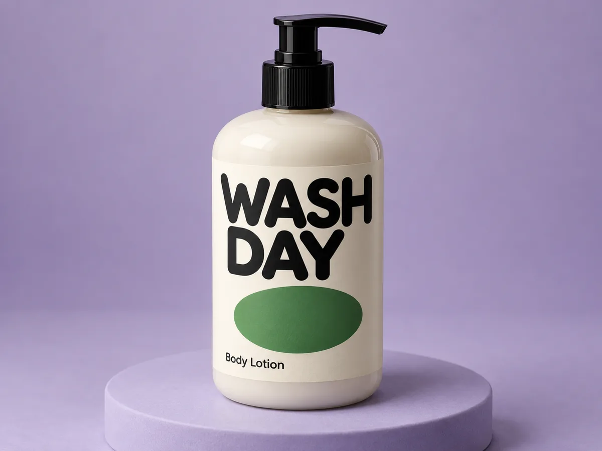 Cream pump jar of body lotion with a printed front label.