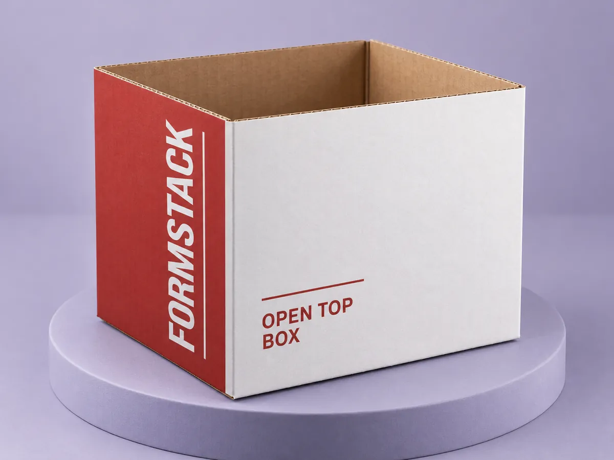 Open top box in white board with a red printed side panel.