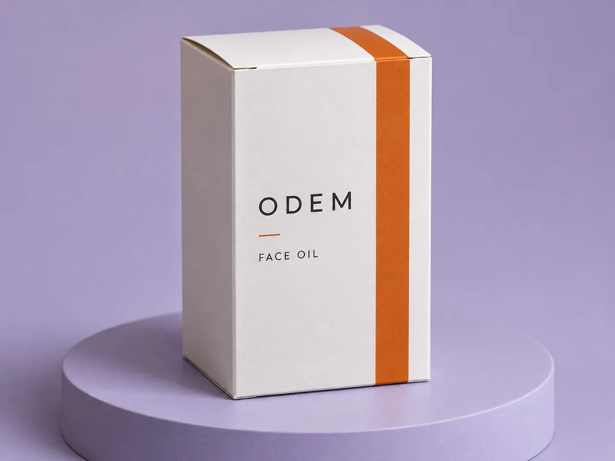 Tall reverse tuck end carton for a face oil, white with an orange stripe.