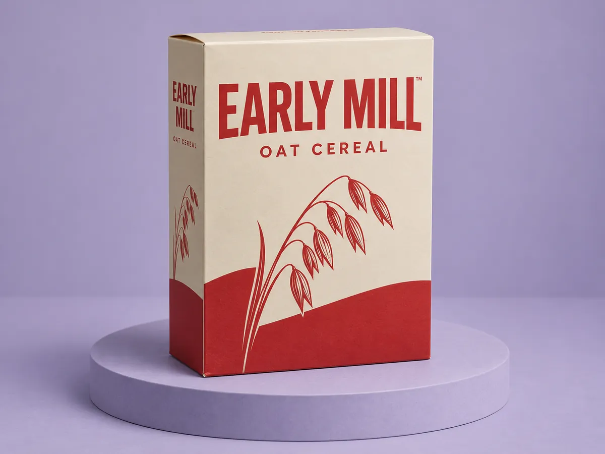 Seal end carton for oat cereal, printed in red and cream.