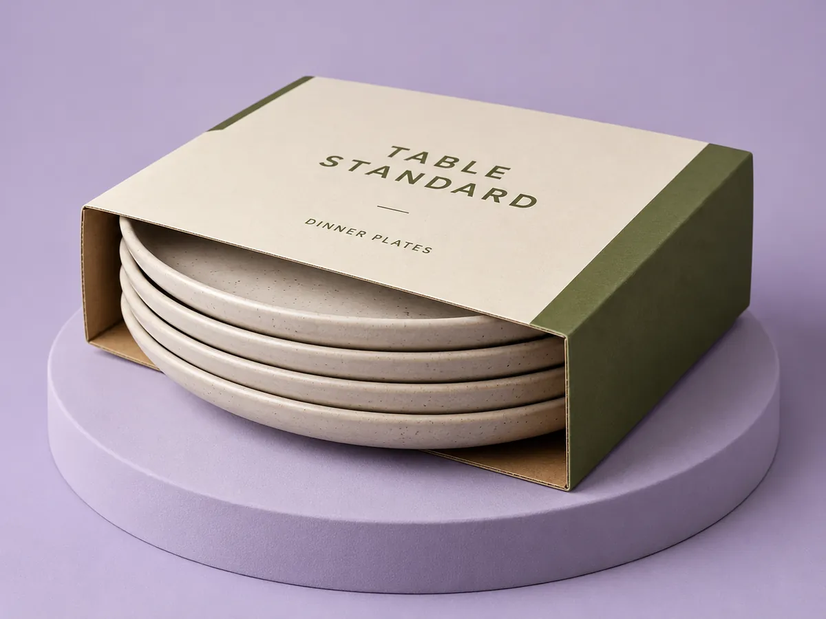 Printed carton sleeve slid over a stack of dinner plates.